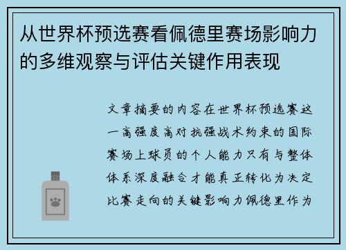 从世界杯预选赛看佩德里赛场影响力的多维观察与评估关键作用表现